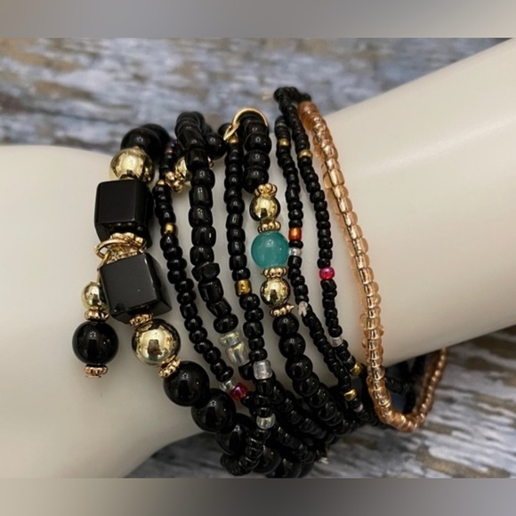 🖤💛Bohemian Black and Gold🖤💛Set of 8 Layered Bracelets/NIP - Picture 3 of 5